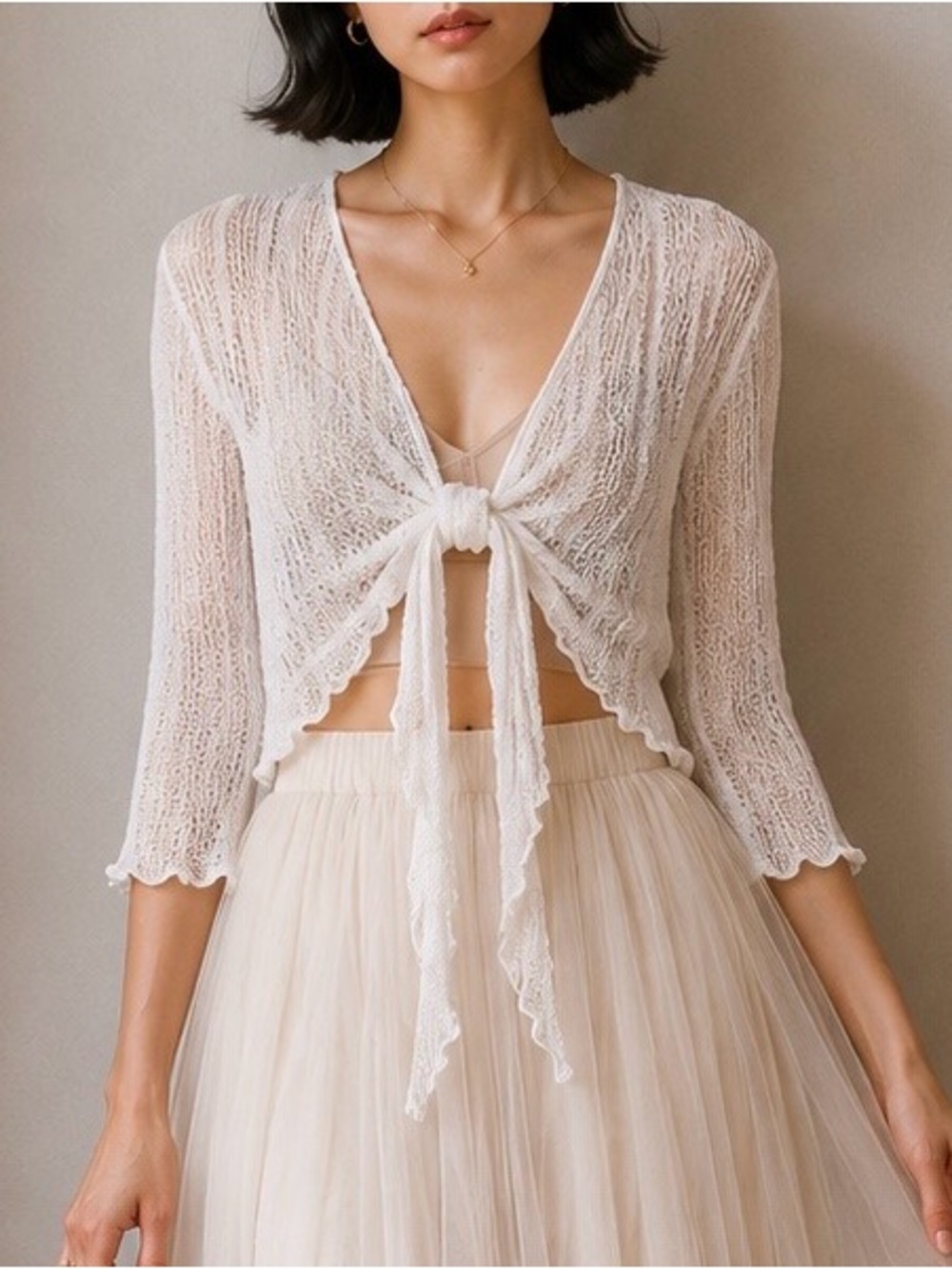 Y2k White sheer knit tie front cardigan balletcore boho shrug coquette beachy